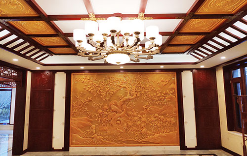 文教镇中式别墅客厅中式木作横梁吊顶装饰展示